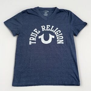 True Religion Shirt Mens Medium Blue Graphic Logo Short Sleeve Casual Tee